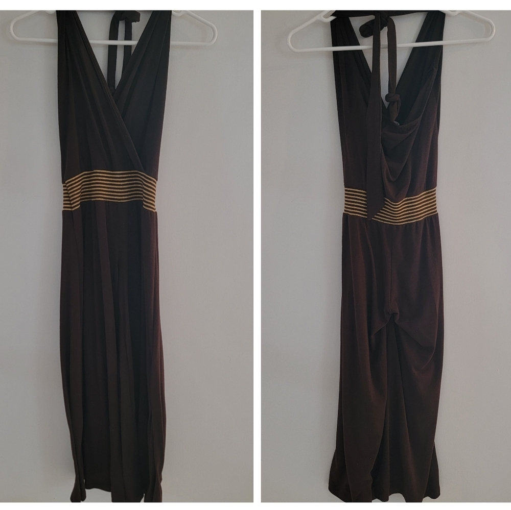 Charlotte Russe Brown Halter Romper with Gold Stripes Small